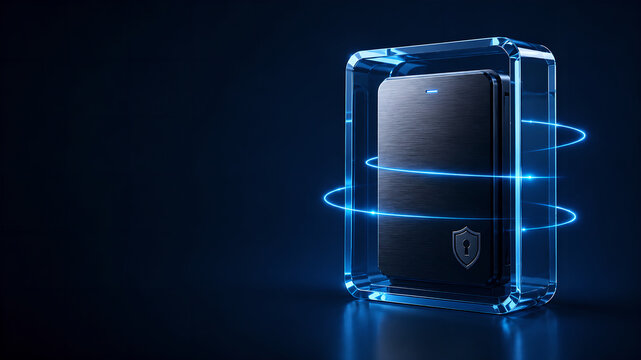 Encrypted external hard drive with glowing blue rings and shield on dark background with copy space