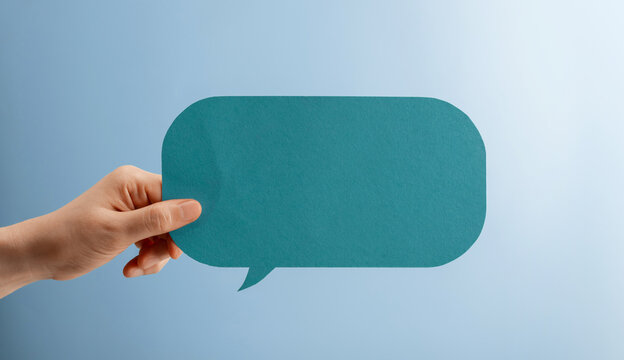 Speak speech talk expression with hands holding blank speech bubble, communication message
