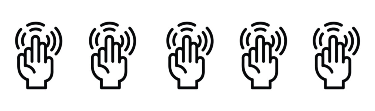 Hand hello icons set, waving hand gestures, hi, bye, greeting and goodbye symbols for communication and social interaction vector design.