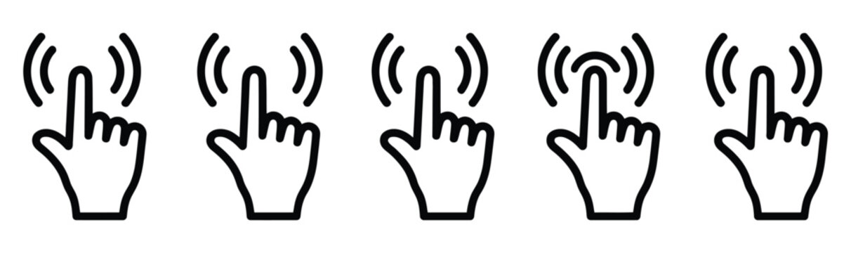Hand hello icons set, waving hand gestures, hi, bye, greeting and goodbye symbols for communication and social interaction vector design.