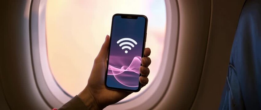 On an aircraft, a mobile phone is linked to Wi-Fi.