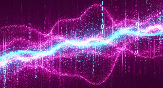 Glowing Pink and Cyan Binary Code Waves &ndash; Futuristic Digital Data Stream Background