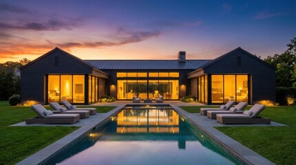 Fototapeta premium Luxurious Modern Home with Pool and Evening Sky, Architectural Design.