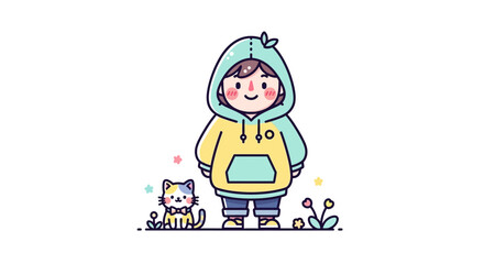 Naklejka premium Cute cartoon character with a friendly cat and whimsical flowers.