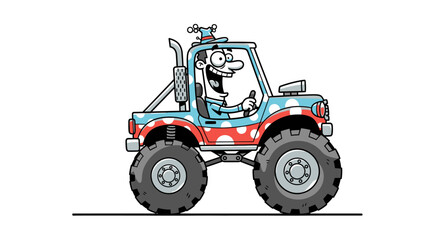 Happy cartoon man driving a colorful monster truck with polka dots © Umi