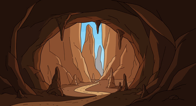 Animated cave landscape with a winding path leading to the outside.