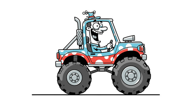Happy cartoon man driving a colorful monster truck with polka dots