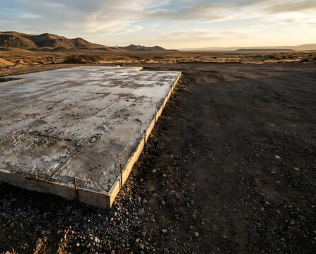 Concrete Foundation Slab for House in Desert Landscape at Sunset
