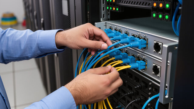 IT technician patching network switch, Server room cable management, Connecting LAN wires in data center, Professional wiring telecom patch panel, System administrator configuring server network