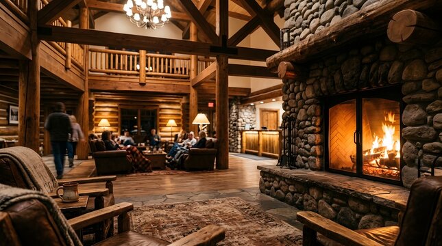 Cozy Rustic Lodge Interior with Fireplace and Lounge Area