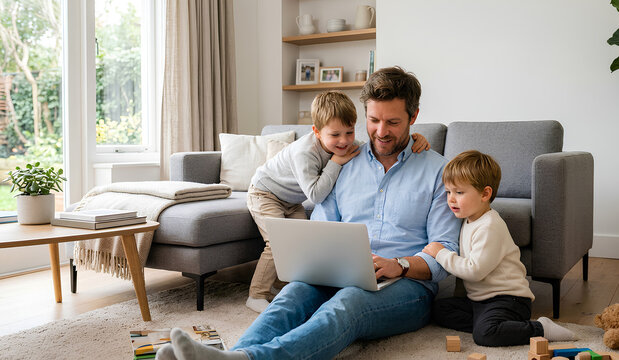 Smiling Parents with Son and Daughter Enjoying Quality Time Together Using Laptop on Comfortable Sofa in Modern Living Room at Home