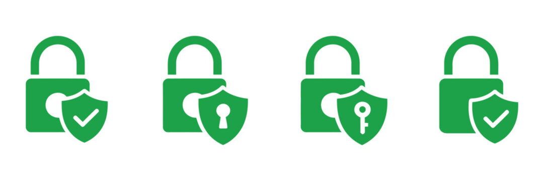 Security lock icons set, shield and circle lock symbols with check marks for cyber security, data protection and defense vector design.