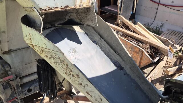 Fresh concrete flowing from the concrete mixer truck chute into the concrete pump hopper shot from a high side angle, slow motion footage