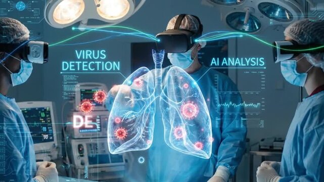 Medical team using VR headsets for AI lung analysis and virus detection, surgeons interacting with futuristic digital hologram of lungs in modern operating room.