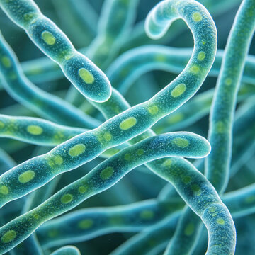 Bright-field micrographs of cyanobacterial filaments reveal details of the filaments and septa; the filaments exhibit a curved shape, and the chloroplasts display realistic granular textures.