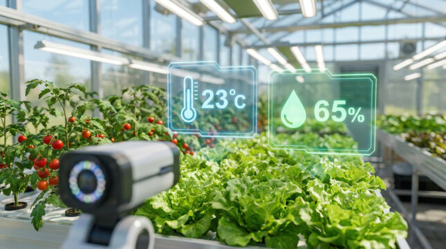 Smart greenhouse ai concept temperature control humidity control indoor garden leafy vegetable tomato plant camera sensor