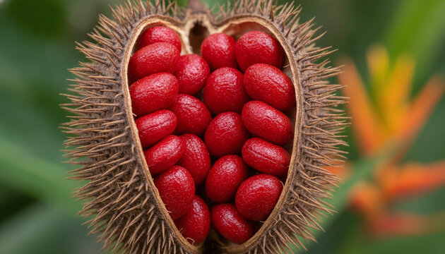 Open Annatto Achiote pod macro with sticky waxy crimson red seeds