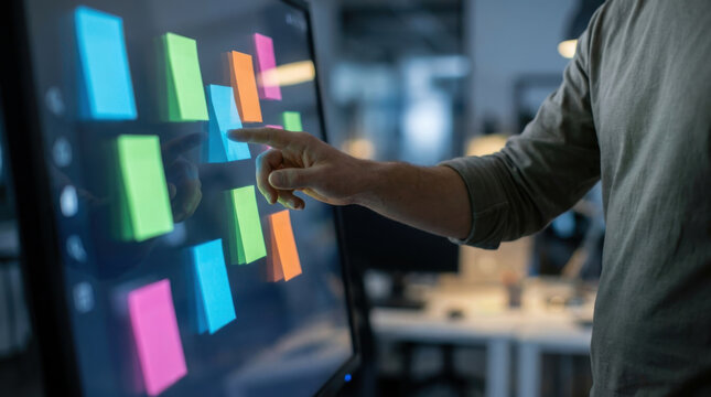 Agile marketing planning board with hand touching colorful sticky note in office