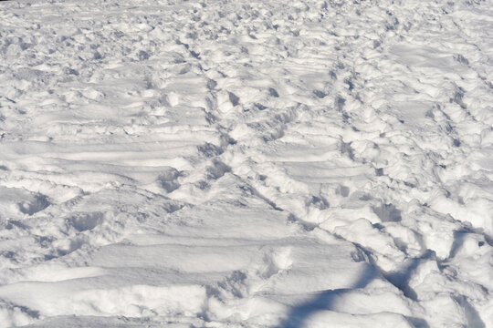 A full frame view of a textured snow field covered in numerous messy deep footprints and tracks on a winter day