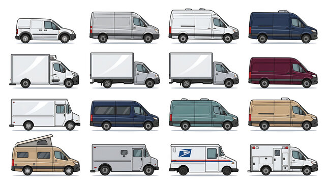 twelve side-profile van and cargo vehicle illustrations on pure white background with equal spacing and consistent alignment