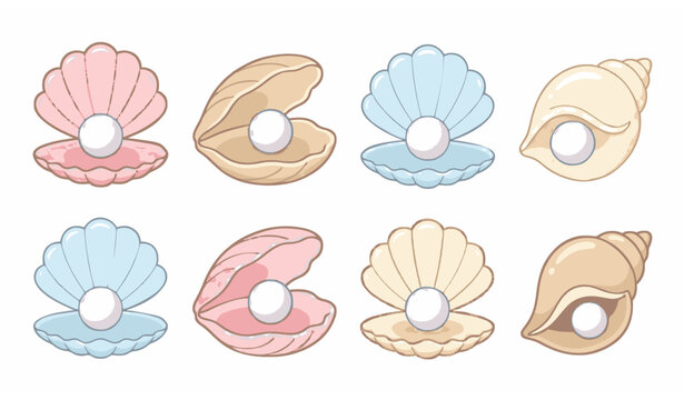 Cartoon style collection of colorful seashells with white pearls in open and half-open shells isolated vector illustration on white background