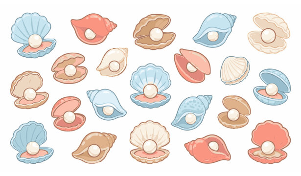 Assorted open seashells with shining pearls in soft pastel colors cartoon vector illustration isolated on white background