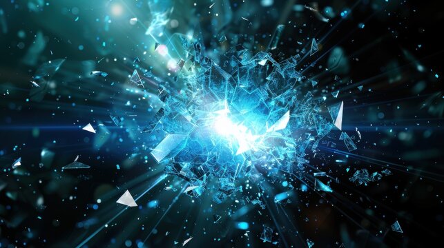 Blue glass fragments explode outward from a brilliant central energy core, delivering a dramatic visual for disruption, impact, transformation, cybersecurity and technology concepts.