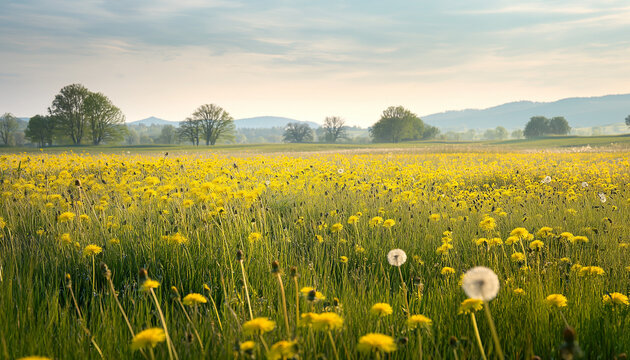 sunny spring meadow with a lush green foreground filled with yellow dandelions and some white dandelion puffs. the midground shows more grass