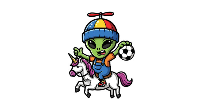 Whimsical alien riding unicorn playing with soccer ball.