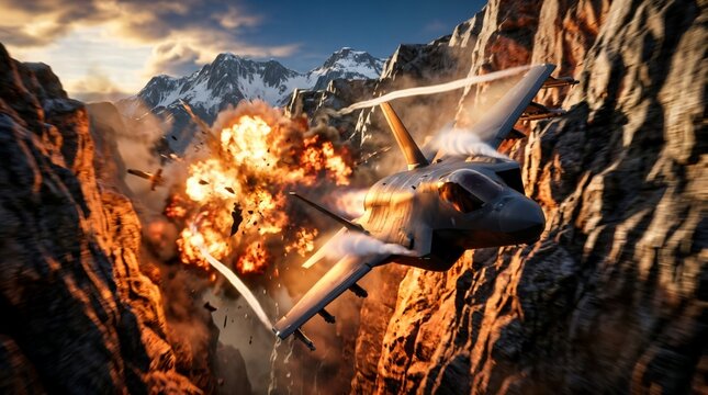 Cinematic F-35 fighter jet escaping dramatic mountain explosion