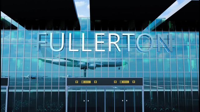 Airlane landing at Fullerton, USA. Arrival in the city with reflection of airport and aircraft