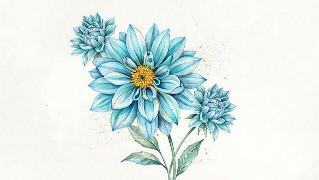 Watercolor painting of three blue dahlia flowers with yellow centers isolated on a transparent background