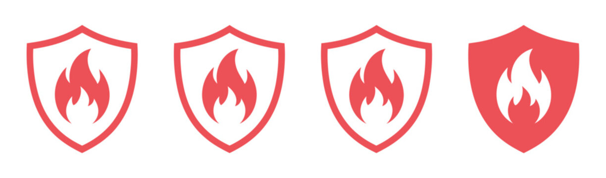 Fire safety shield icons, flame protection symbols for hazard prevention, emergency warning, security and vector illustration design.