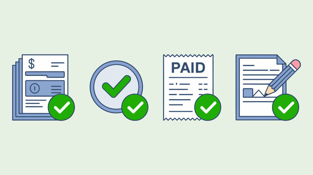 Flat design icons showing document approval and payment process with checkmark and padlock