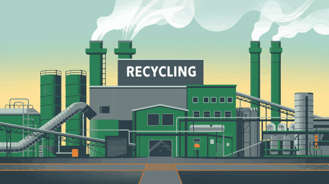 Industrial factory complex with smokestacks emitting smoke on clear day