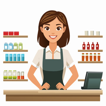 Smiling shopkeeper at boutique retail store service desk.