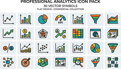 Fototapeta premium Professional analytics icon set features thirty colorful vector symbols designed for corporate reports and business presentations.