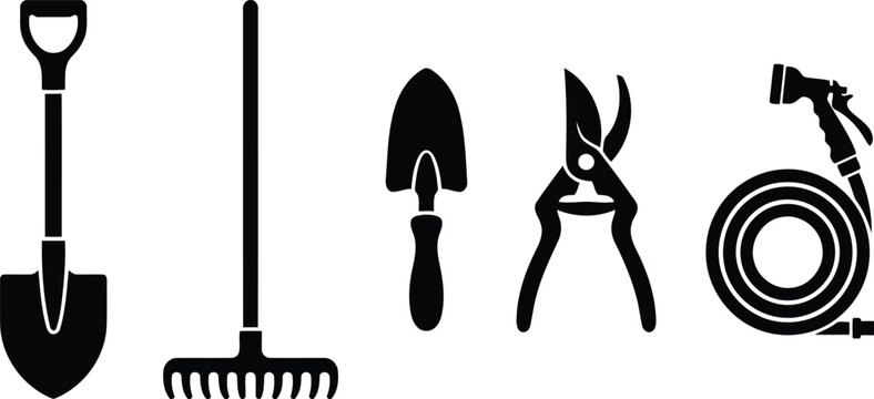 Set of gardening tools icons, including shovel, rake, trowel, pruning shears and garden hose with spray nozzle, vector illustration