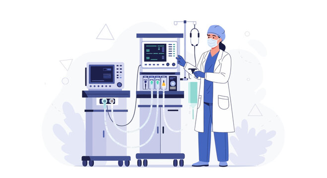 Doctor operating a modern medical ventilator machine in a hospital setting.