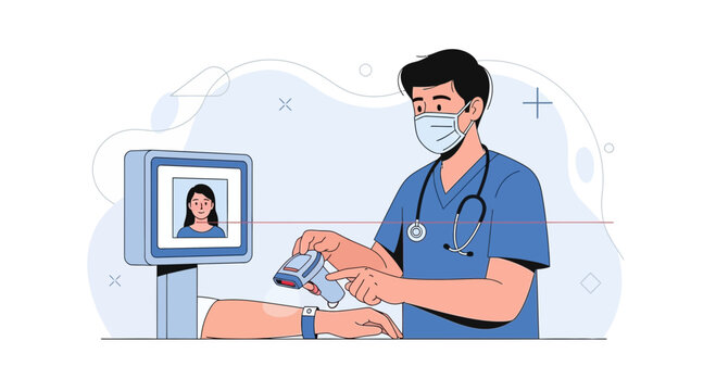 Doctor in Mask Using Thermometer Gun to Scan Patient's Temperature for Health Screening, Modern Flat Vector Illustration
