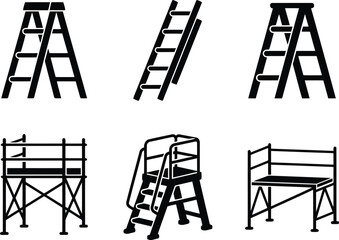 Set of various ladders and scaffolding icons, construction equipment and tools for work at height, vector illustration © Top Stock