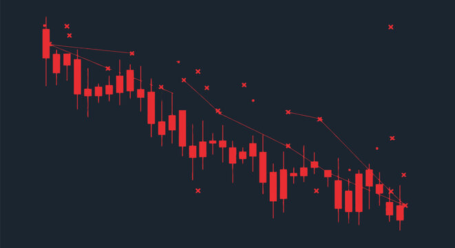 Candlestick pattern illustrates a continuous decline in asset valuation with red bars on a neutral dark background.
