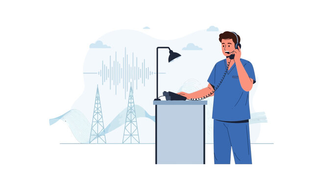 Man in scrubs wearing headset and talking on phone at control desk with radio towers and sound waves illustration