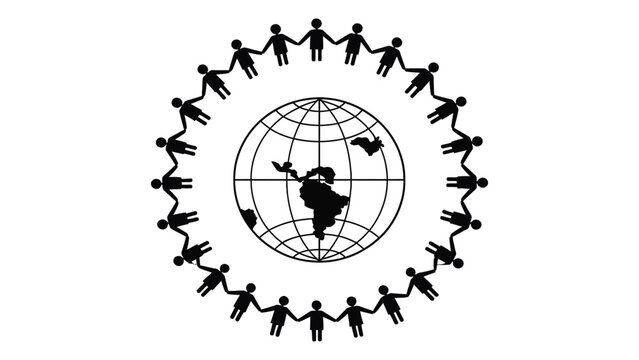 People standing in a circle hold hands around a central globe illustration.
