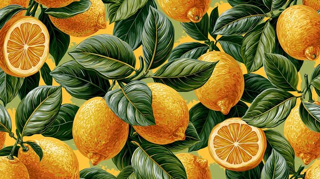 Pattern of big lemons and leaves repeats everywhere. Colors are green and orange. This digital image is for printing.