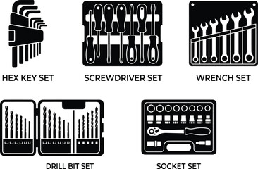 Obraz premium Set of various hand tools icons, including hex key, screwdriver, wrench, drill bit, and socket sets
