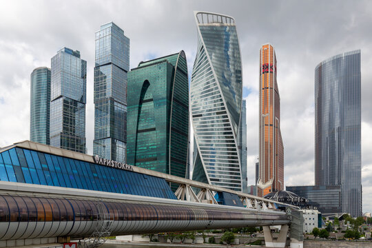 Skyscrapers of Moscow City on the Moskva River embankment at cloudy day, Russia