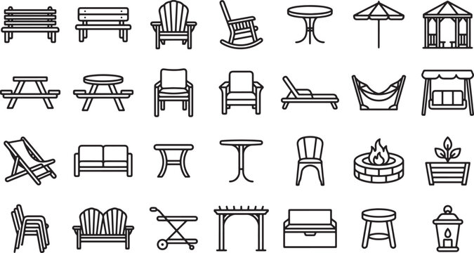 Outdoor furniture and garden decor line icons set featuring benches chairs tables fire pit and patio accessories vector illustration