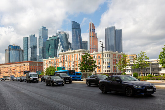 View of the street in the historical center of Moscow and Moscow-City, Russia