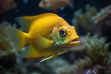 Obraz premium Yellow cichlid swimming in an aquarium environment